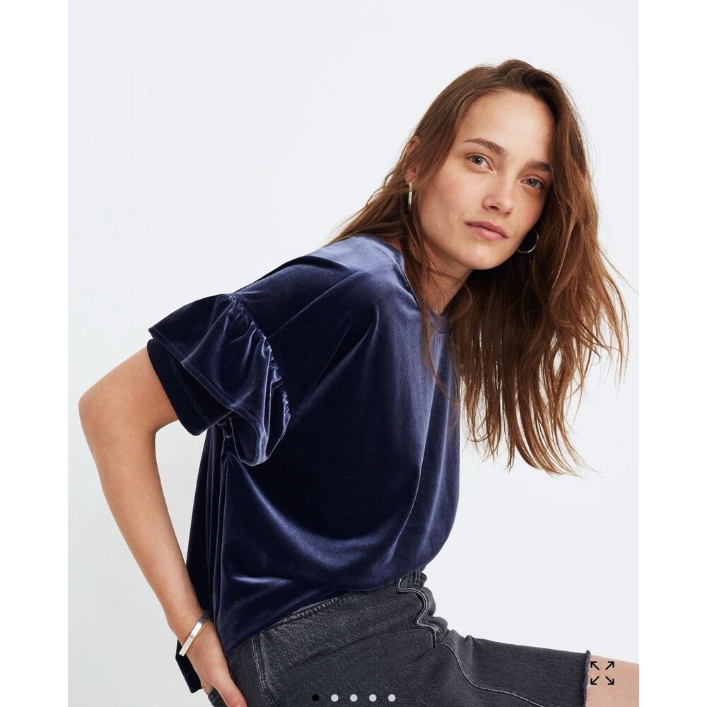 Madewell Women’s Velvet Ruffle Sleeve Tee In Midnight Color Sz L Chic Romantic